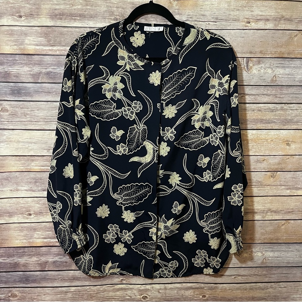 Hana Sung Vintage Long Sleeve Navy Tan Blouse Size 12 B3